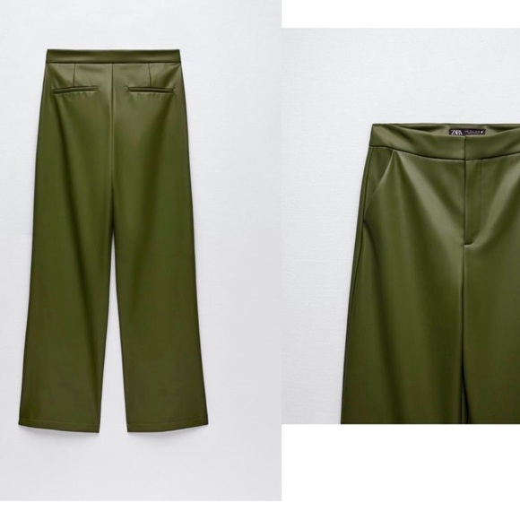 Zara Green high-rise faux leather pleather straight bootcut pants vegan XS - Picture 16 of 16